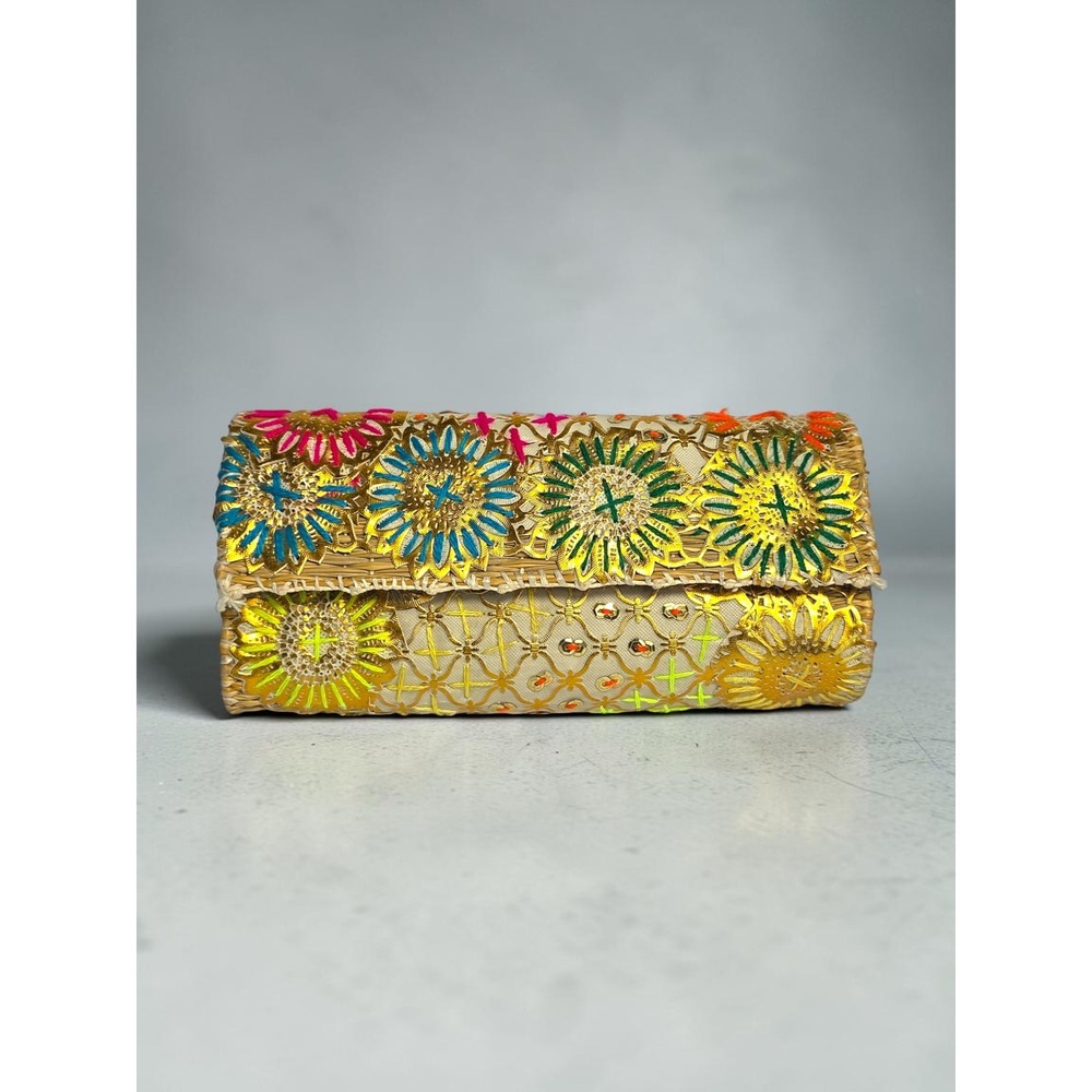 Handmade India Raffia Clutch Embroidered Sequins Metallic Boho Statement Bag